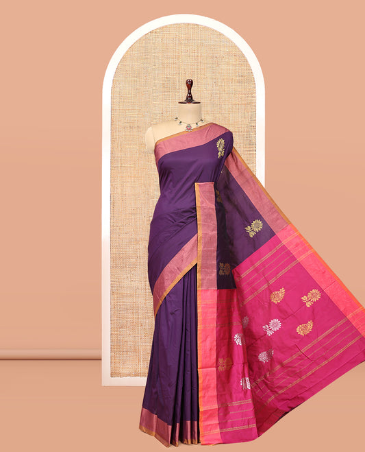 Purple Arani Saree Features Floral Zari Buttas, a Contrast Border, Pallu of Zari Designs, and a Contrast Blouse