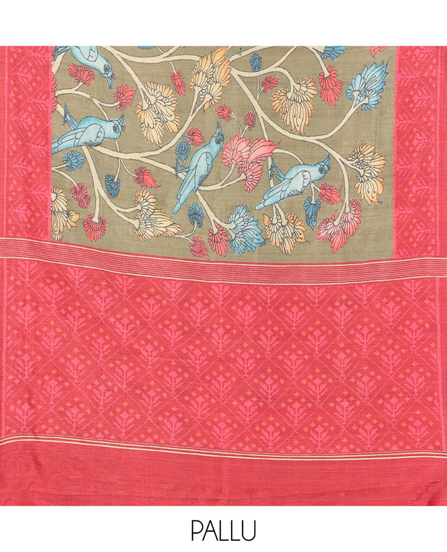 Grey Fancy Tussar Saree Features Kalamkari Floral Vine and Bird Print, Contrast Patola Border, Patola Pallu, and a Contrast Blouse