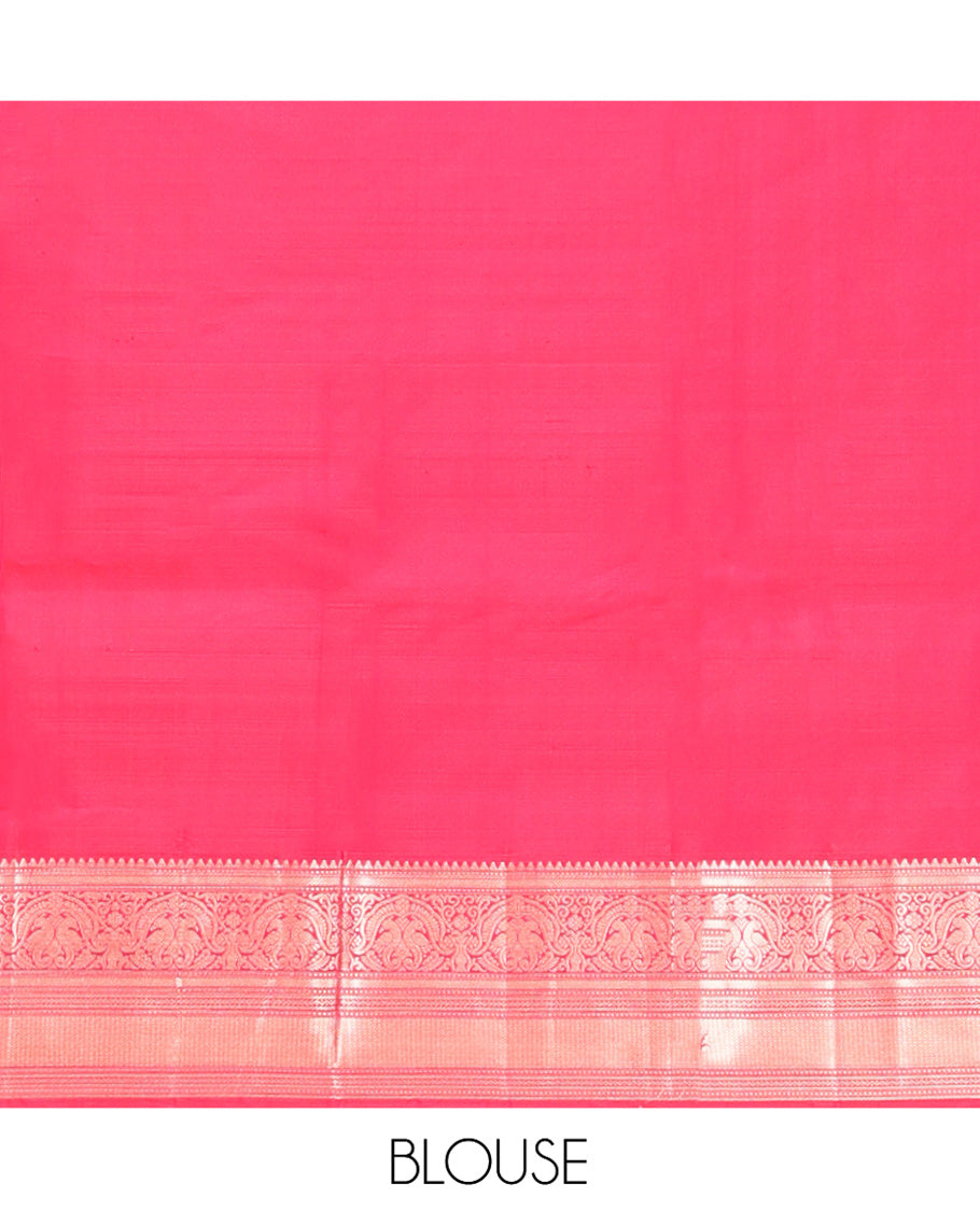 Orange Vasundhara Silk Saree, Sparsely Sparkled with Zari Buttas All Over Its Body, Complemented by a Contrast Border of Rekku, Muthu, Kili, Banaras, Neli, and Mayil Kann Designs, Grand Pallu, and Paired with a Contrast Blouse