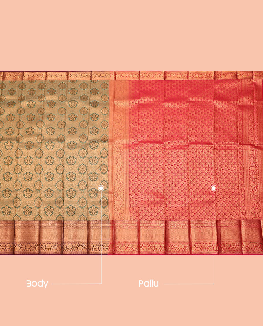 Green Budget Silk Saree, Embellished with Jacquard, Complemented by Contrast Traditional Zari Border, Intricate Pallu, and a Contrast Blouse