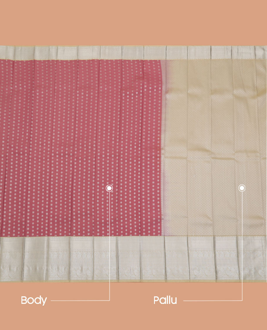 Rosewood Pink Budget Silk Saree, Embellished with Peacock and Chakram Buttas All Over Its Body, Complemented by a Contrast Traditional Zari Design Border, Grand Jaal Pallu, and Paired with a Contrast Blouse