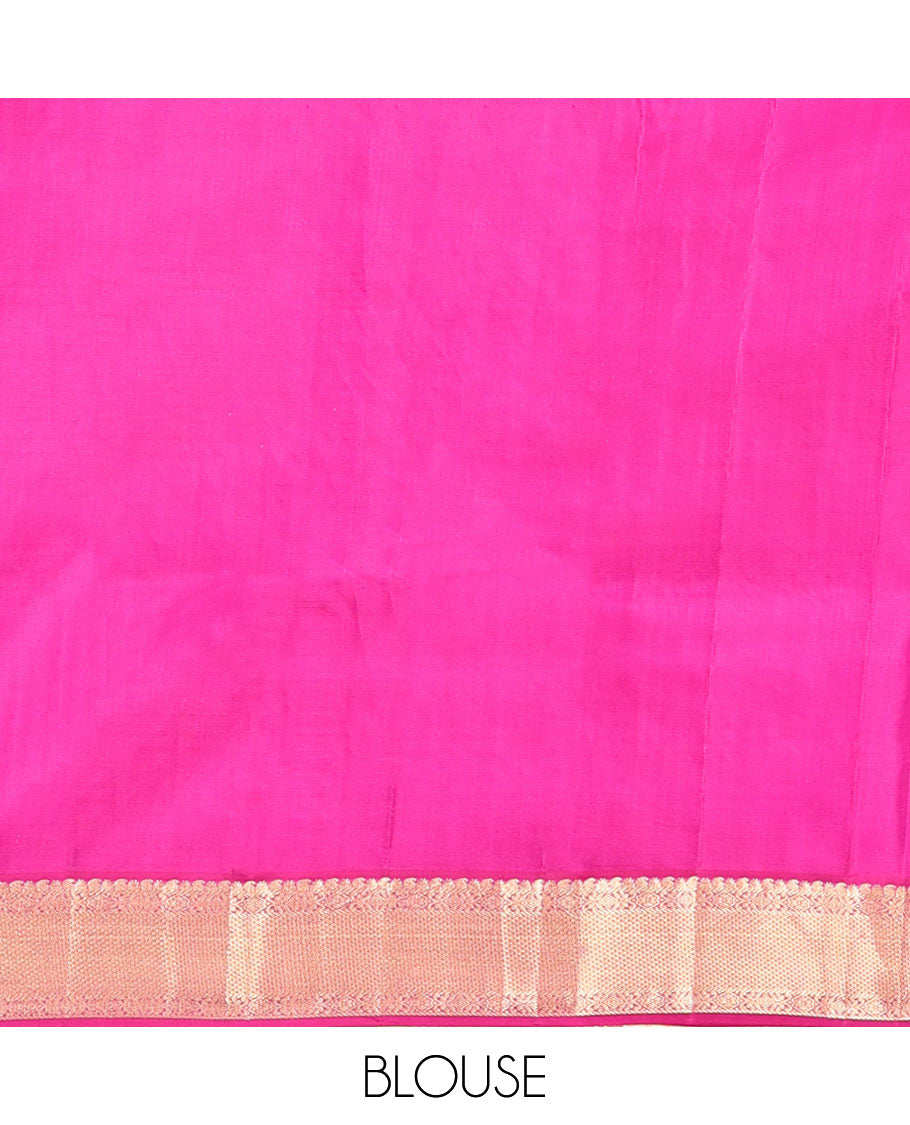 Pink Kanchipuram Silk Saree, Accentuated with Zari Checks, Complemented By Contrast Border, of Manga, Rekku, Banaras, Arai Maadam Designs,  Jaal Pallu, and a Contrast Blouse