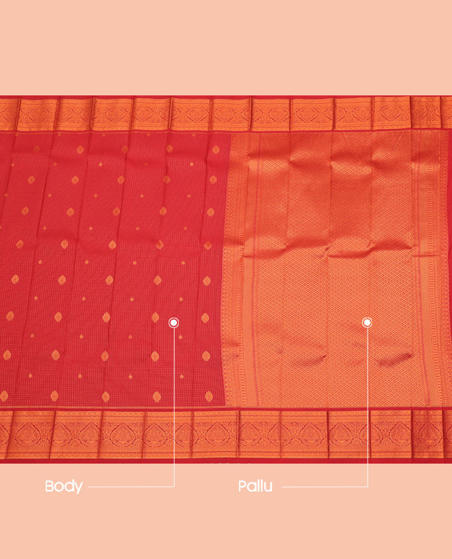Red Budget Silk Saree, Entralled with Zari Buttas and Checks All Over Its Body, Highlighted by a Traditional Zari Design Border, Jaal-Patterned Pallu, and Paired with a Matching Blouse