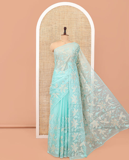 Sea Green Organza Saree, Finely Crafted with Floral Jaal Applique Embroidery All Over Its Body, Scallop Lace Border, Floral Embroidered Pallu, and Paired With a Embroidered Blouse