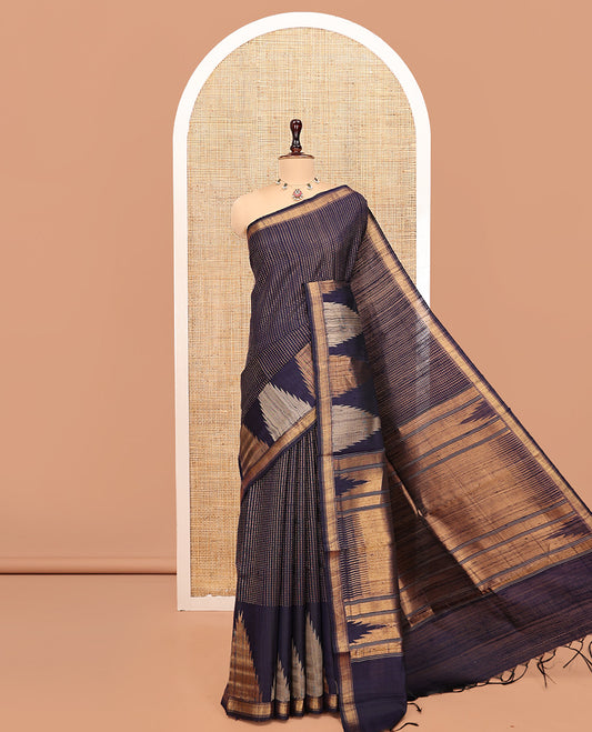 Navy Blue Dupion Silk Saree, Steeped with Dotted Stripes, a Zari Temple Border, Gleaming Striped Pallu, and a Matching Blouse