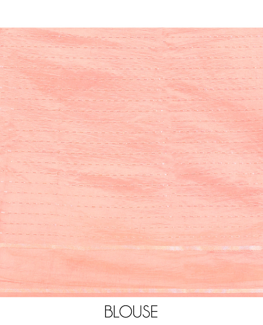 Orange Satin Silk Saree, Gleamed Up with Dotted Stripes All Over Its Body, Complemented by a Contrast Border, Dotted-Striped Pallu, and Paired with a Contrast Blouse