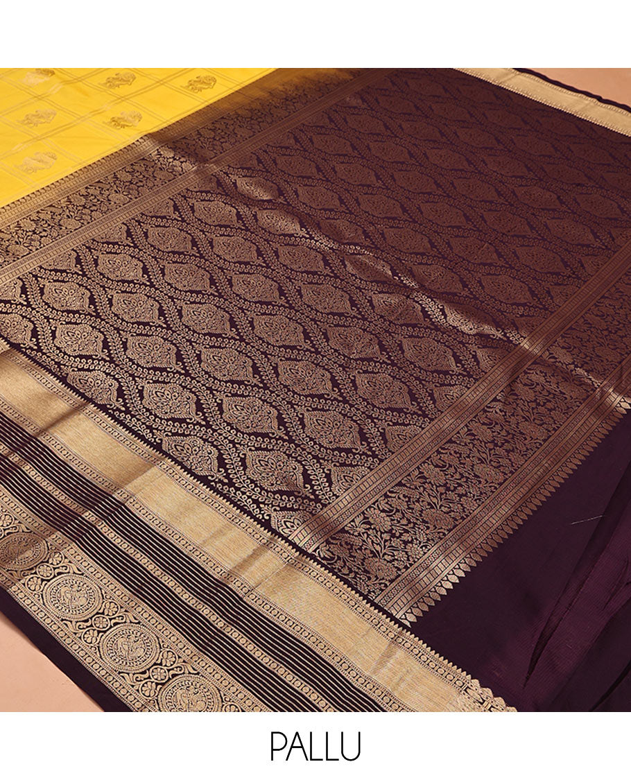 Lemon Yellow-Coffee Brown Budget Silk Saree, Subtly Sparkled With Zari Butta Enclosed Checks On Its Body, Complemented by Contrast Traditional Zari Designs Woven Border of Chakram Design, Jaal Pallu and Paired with a Contrast Blouse