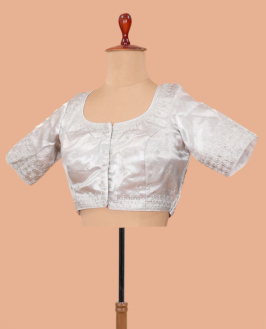 Sliver thread embroidered front-back round neck elbow sleeve blouse