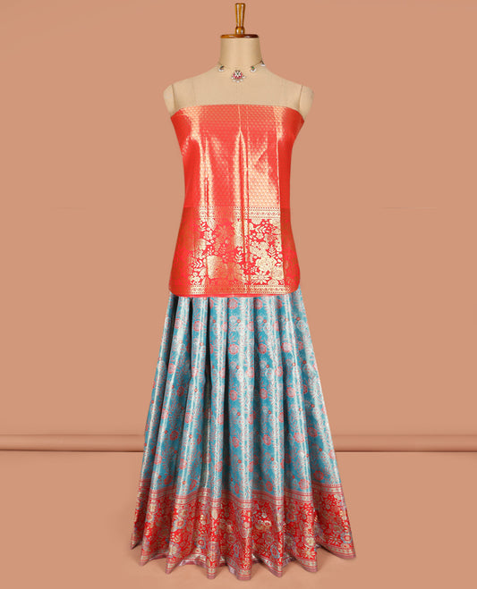 Blue Art Silk Material Half Saree Set Featuring Floral Jacquard Skirt, a Contrast Floral Meenakari Design Border, a Zari-Jacquard Blouse, and a Dhavani Decked Up with Floral Zari Designs