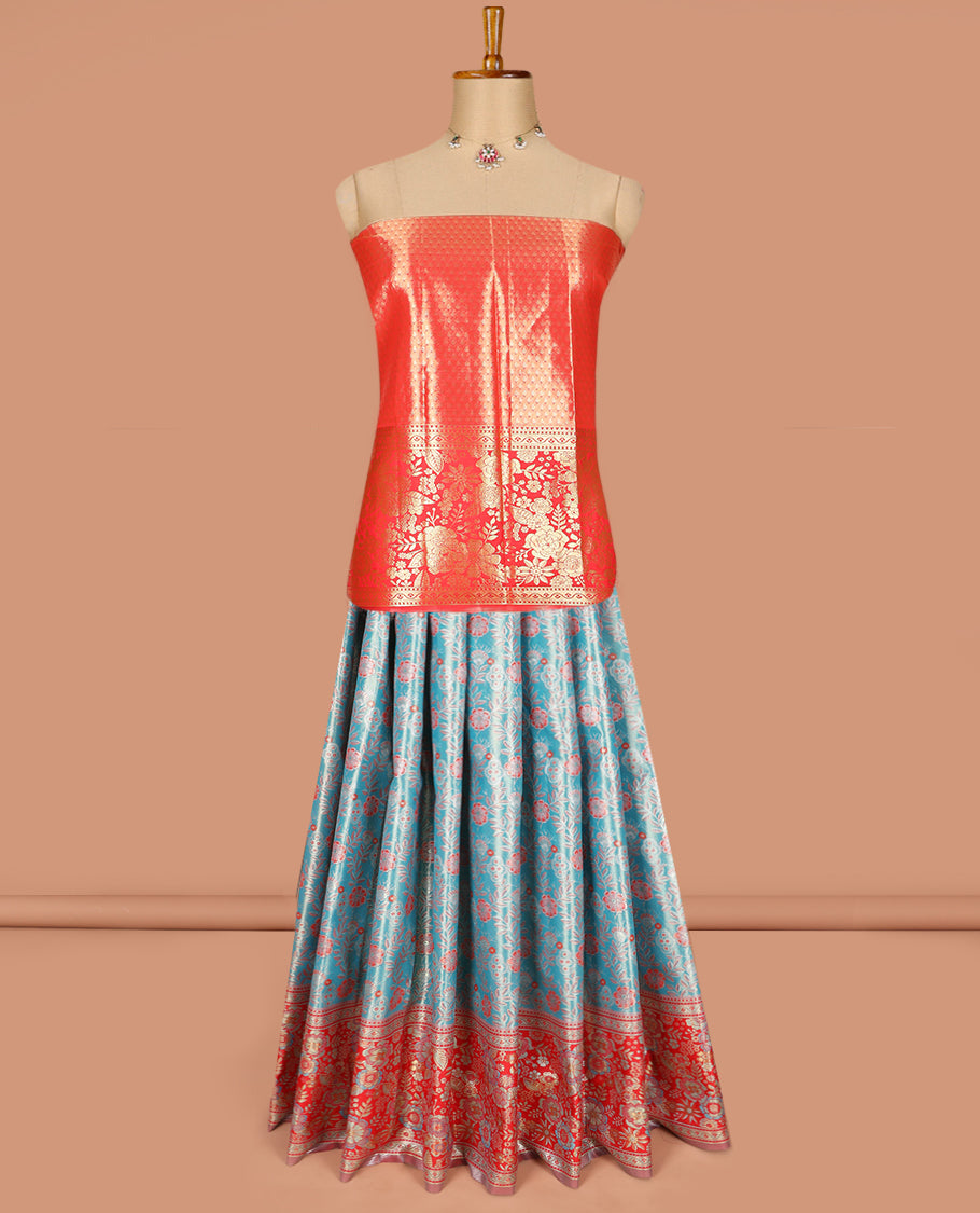 Blue Art Silk Material Half Saree Set Featuring Floral Jacquard Skirt, a Contrast Floral Meenakari Design Border, a Zari-Jacquard Blouse, and a Dhavani Decked Up with Floral Zari Designs