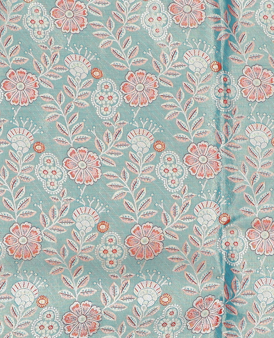 Blue Art Silk Material Half Saree Set Featuring Floral Jacquard Skirt, a Contrast Floral Meenakari Design Border, a Zari-Jacquard Blouse, and a Dhavani Decked Up with Floral Zari Designs