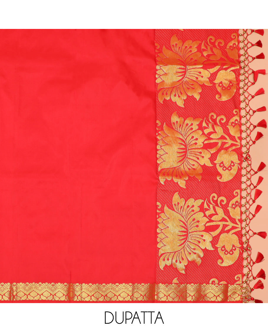 Blue Art Silk Material Half Saree Set Featuring Floral Jacquard Skirt, a Contrast Floral Meenakari Design Border, a Zari-Jacquard Blouse, and a Dhavani Decked Up with Floral Zari Designs