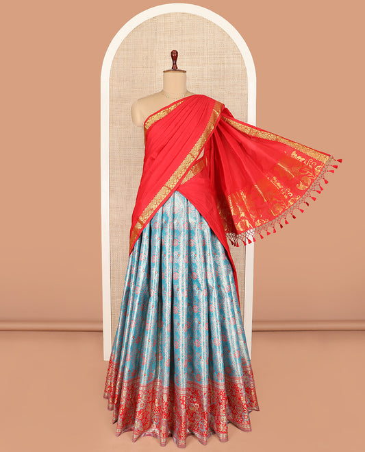 Blue Art Silk Material Half Saree Set Featuring Floral Jacquard Skirt, a Contrast Floral Meenakari Design Border, a Zari-Jacquard Blouse, and a Dhavani Decked Up with Floral Zari Designs