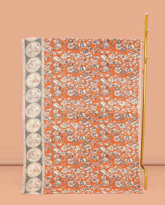 Orange Machine-Printed Kalamkari Cotton Saree, Embellished with Flora, Fauna, and Musical Instrument on Its Body, Complemented by a Contrast Round Motifs Printed Border, Pallu of Kalamakri Peacock Print, and Paired with a Printed Blouse