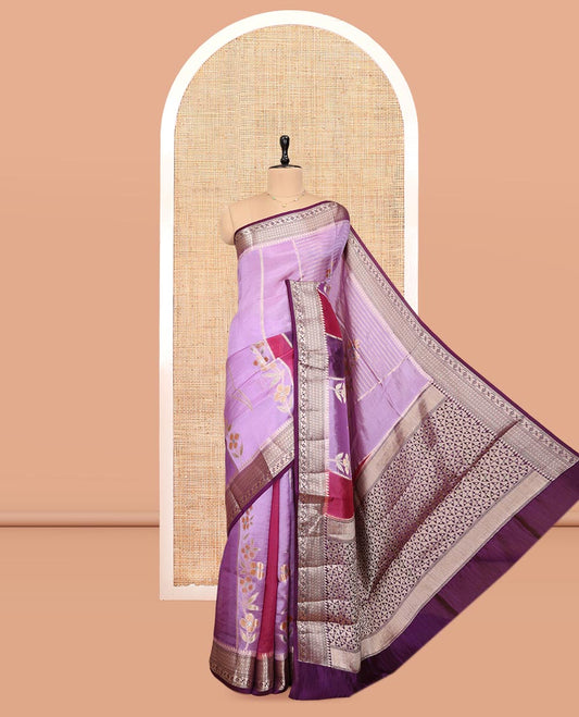Violet Dupion Silk Saree, Ornamented with Rangkat-Style Floral and Zari Stripes, a Contrast Traditional Zari Border, Geometric Pallu, and a Contrast Blouse