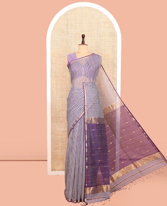 Off-White-base and Purple Maheshwari Cotton Saree, Adorned With Checked Design On Its Body, Subtle Piping Border, Pallu of Zari Stripes and Paired with a Contrast Blouse