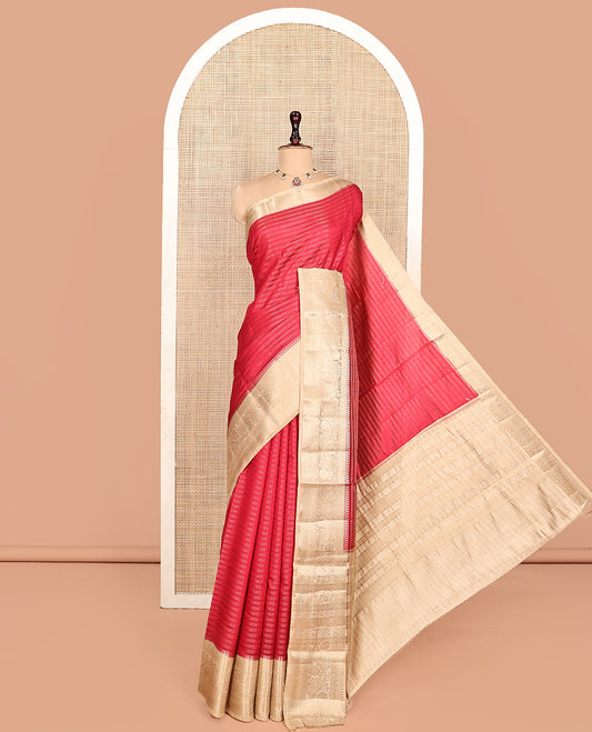Red Semi-Banarasi Dupion Saree, Beautified with Stripes, a Contrast Floral Creeper Zari Border, Striped Pallu, and a Contrast Blouse