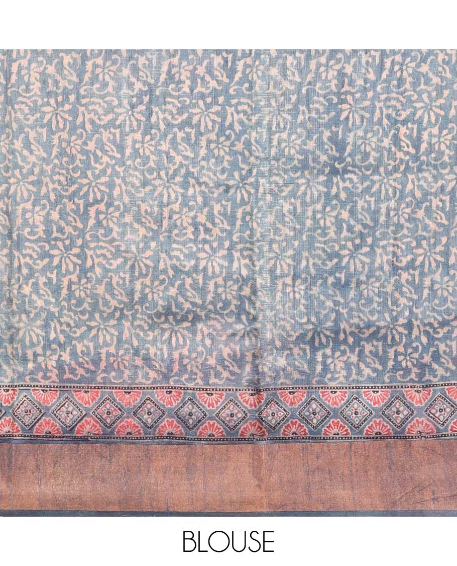 Blue floral motifs tussar silk saree with contrast zari design border & geometric design pallu