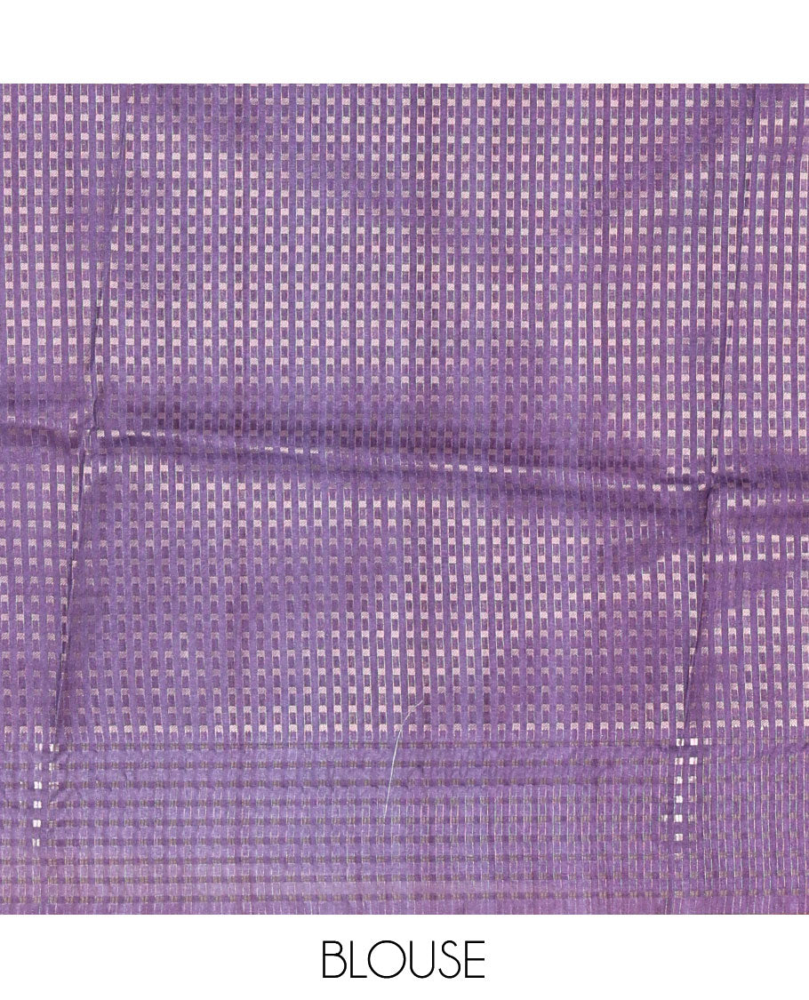 Cream-Violet Dola Silk Saree, Adorned with Floral Print, a Contrast Checked Border, Pallu of Buttas, and a Contrast Blouse