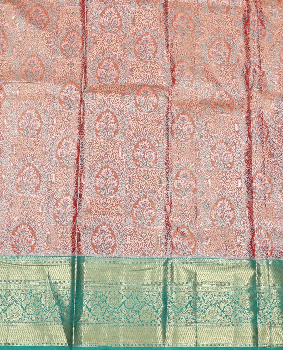 Orange Art Silk Material Half Saree Set, Bedecked with Jacquard Design Skirt, a Contrast Traditional Zari Border of Floral Creeper Designs, Contrast Zari-Jacquard Blouse, and a Dhavani of Paisley Designs