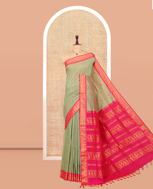 Green Kalyani Cotton Saree, Woven with Thread Buttas, Complemented by a Contrast Traditional Border, Traditional Pallu, and a Contrast Blouse
