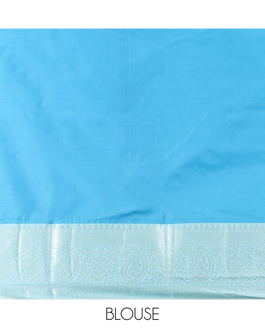 Black and Light Blue Budget Silk Saree, Ornamented with Zari Buttas on Its Body, Complemented by a Contrast Traditional Zari Design Border of Paisleys, Pallu Steeped with Paisley Designs, and Paired with a Contrast Blouse