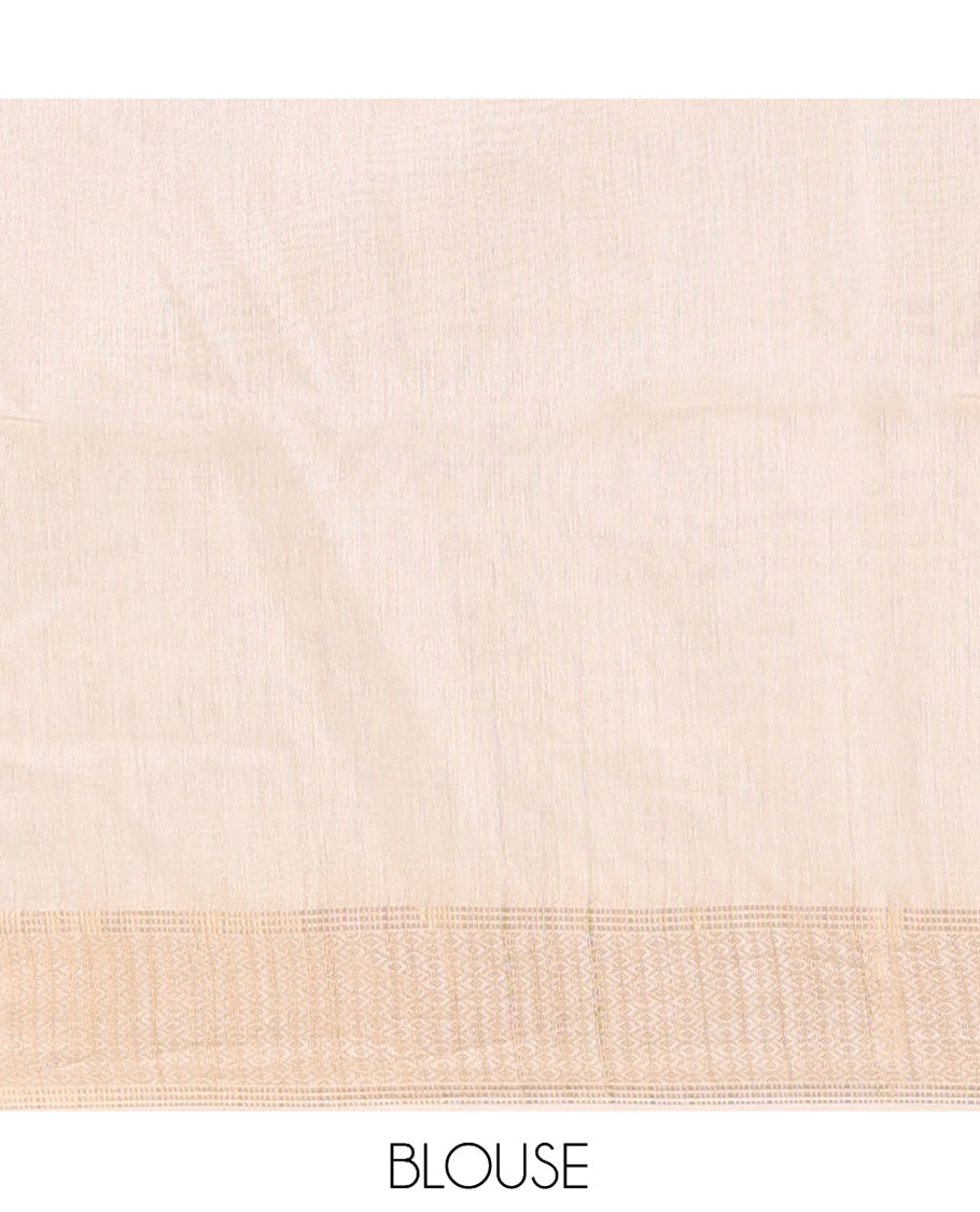 Cream Bhagalpur Cotton Saree, Steeped with Butta Enclosed Checks, a Zari Border, Self-Pallu, and a Matching Blouse
