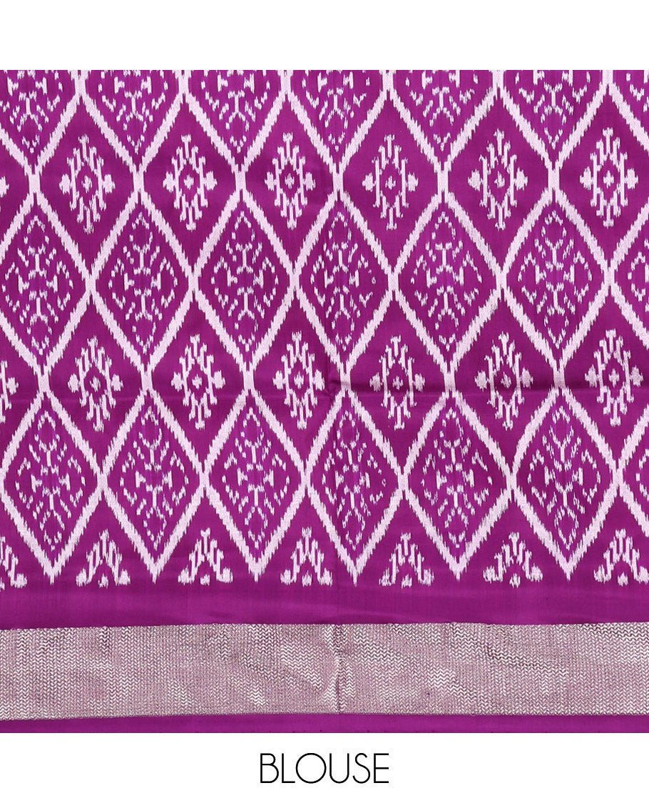 Purple Pochampally Ikat Silk Saree, Accentuated with Ikat Geometric Designs on Its Body, Highlighted by a Zari Chevron Border, Pallu of Ogee Pattern in Ikkat Weave, and Paired with a Matching Blouse
