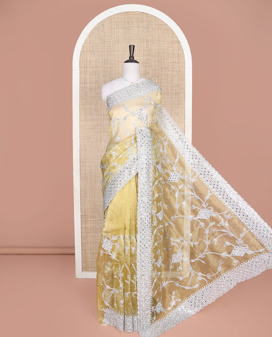 Pale Yellow Designer Saree, Richly Detailed with Floral-Jaal Style Mixed Embroidery on Its Body, Highlighted by Jaal-Patterned Scallop Embroidered Border, Self-Design Pallu, and Paired with a Heavy Embroidered Matching Blouse