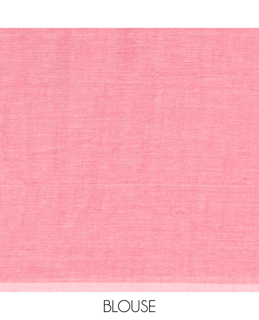 Peach Khadi Mul Cotton Saree Features Floral Motifs Glitter-Print, a Piping Border, and a Matching Blouse