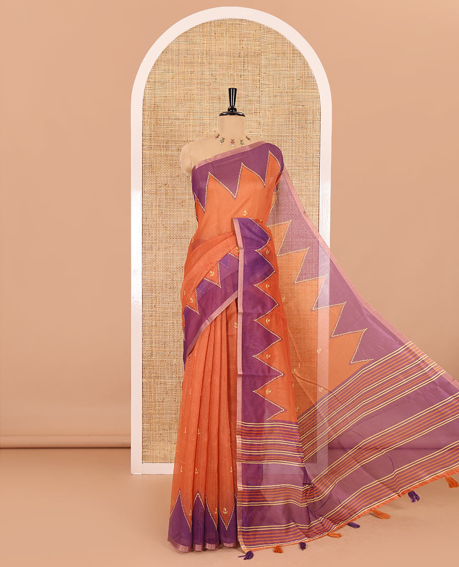 Orange small buttas printed Linen cotton saree, contrast double-sided temple border, striped pallu, and vertically striped blouse