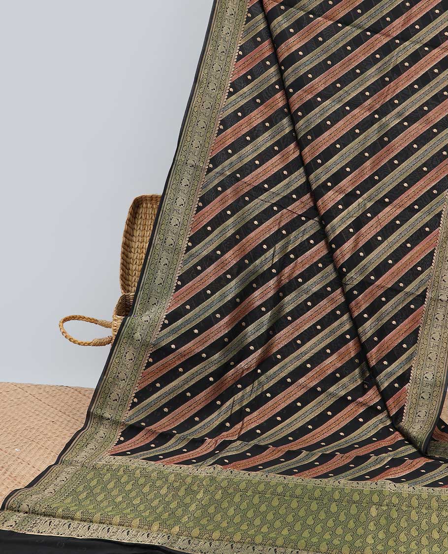 Multi-color floral, striped design with contrast intricate border & paisley design pallu