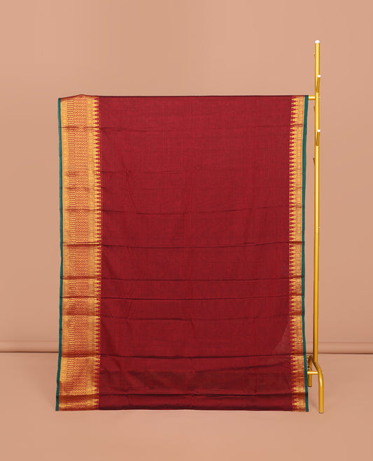 Red Plain Narayanpet Cotton Saree, Complemented by a Contrast Temple Traditional Zari Design Border, Striped Pallu, and Comes Without a Blouse