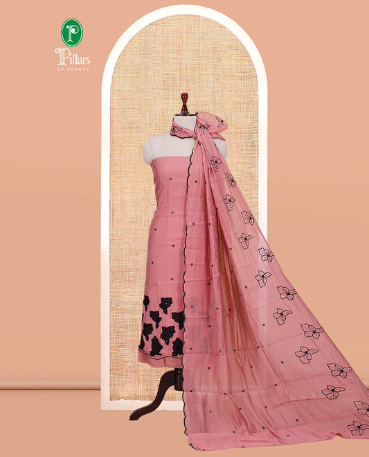 Onion Pink Mul Chanderi Material Churidar Features Floral Thread Embroidered Top, a Matching Bottom, and an Scallop Embroidered Dupatta