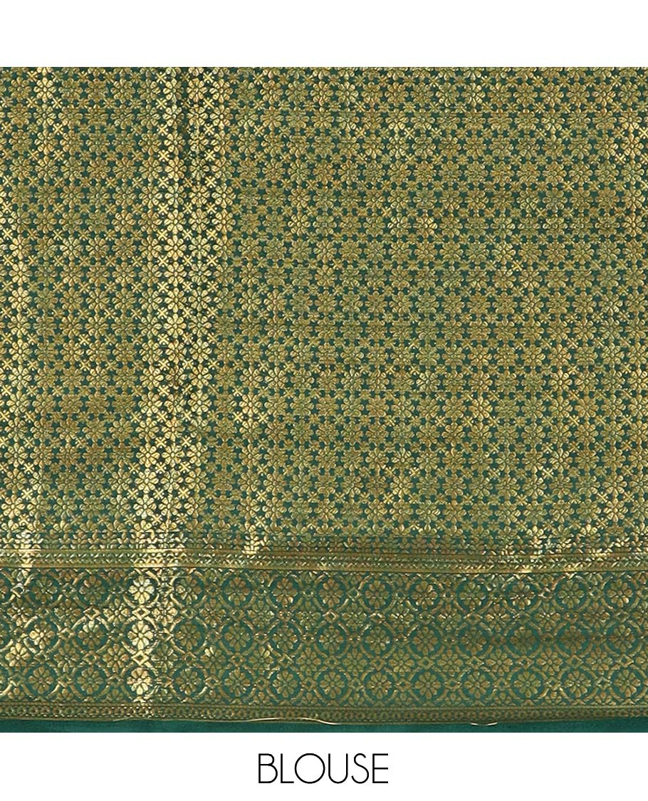 Bottle Green Mysore Silk Saree Features Iruthalai Pakshi Buttas Enclosed Checks, a Traditional Border, Matching Blouse
