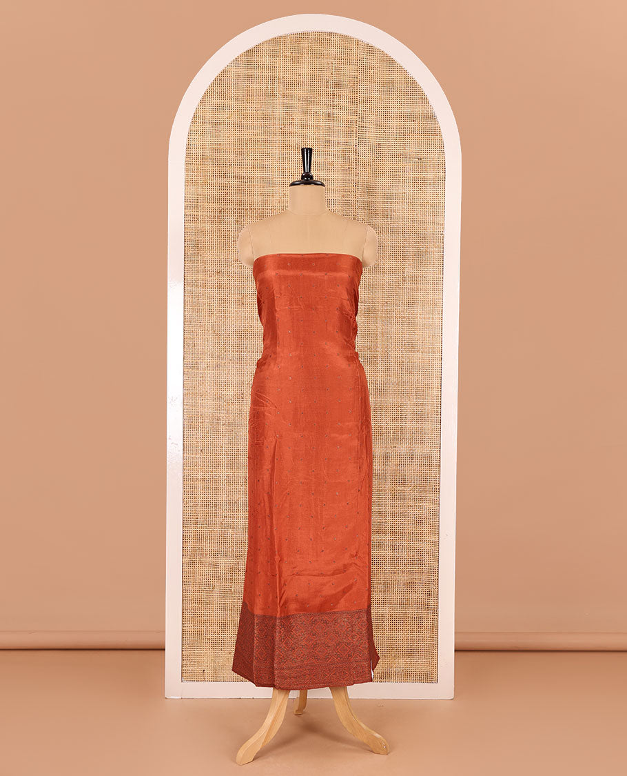 Rust material chudidar set, copper zari buttas and jaal design semi-modal silk top, plain santoon bottom, and zari design woven semi-modal silk dupatta