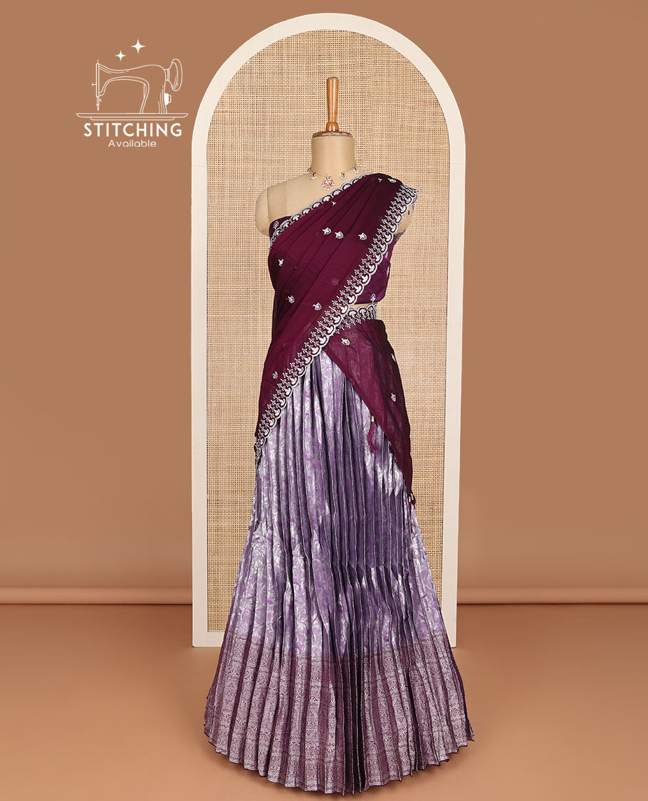 Purple floral jacquard half saree with self intricate zari design border, embroidered blouse & floral embroidery scallop border dhavani