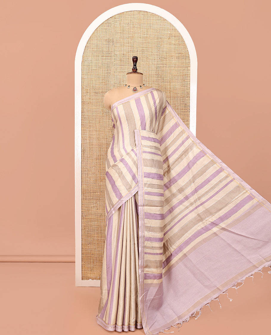 Chikku-Lavender Fancy Tussar Silk With Stripes, Zari Border, Pallu, and Blouse