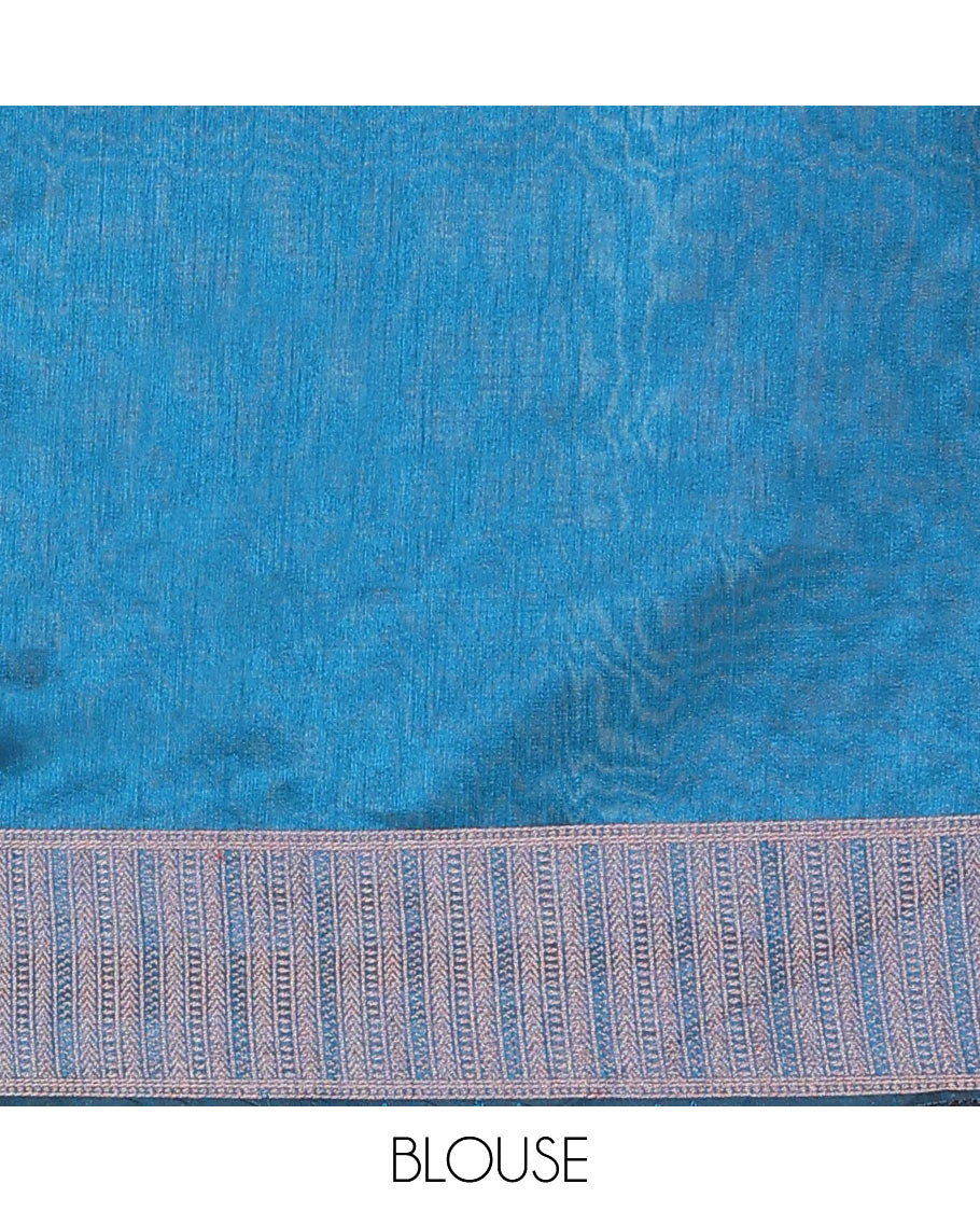Blue floral jacquard art dupion saree, zari border, and pallu steeped with geometric patterns