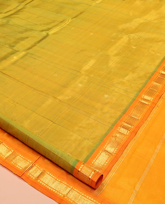 Green Kanchipuram Silk Saree, Delicately Woven with Zari Buttas, Complemented by a Contrast One-Sided Border of Rekku, and Mayil Kann Designs, Zari Design Pallu, and No Blouse
