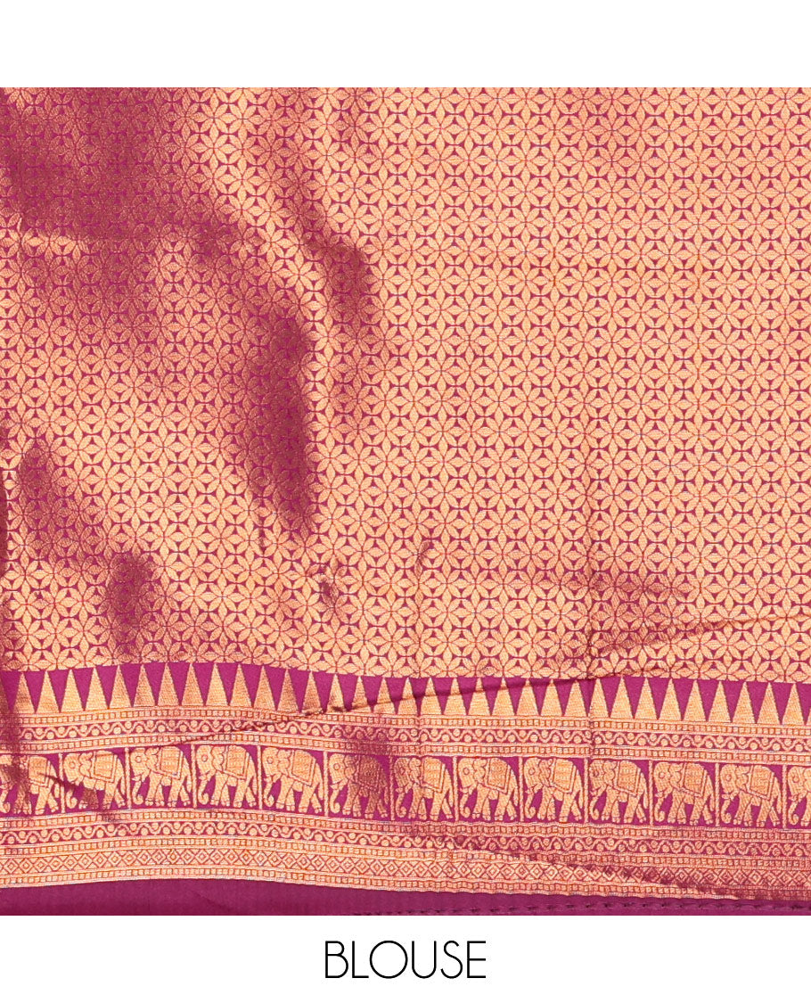 Yellow checked design litchi saree, contrast temple elephant motifs border, geometric patterned pallu, and a contrast jacquard blouse