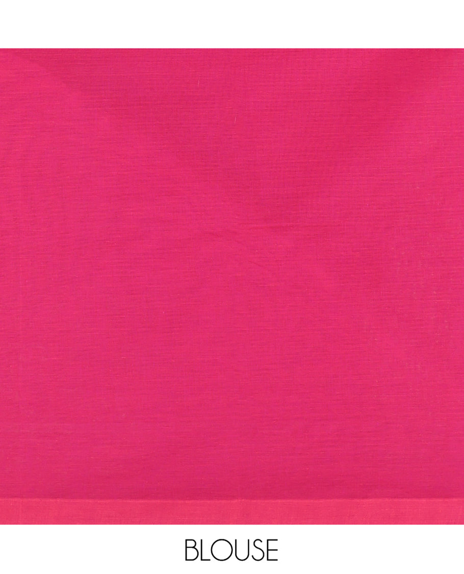 Pink Coimbatore Cotton Saree, Detailed with Ogee Design on Its Body, a Subtle Plain Border, Pallu of Floral Patterns, and Paired with Matching Blouse