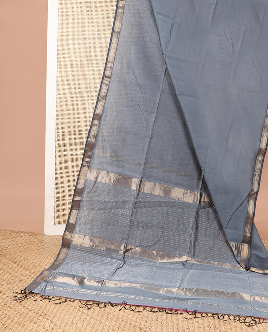Grey maheshwari cotton saree with self  floral zari design border & striped pallu