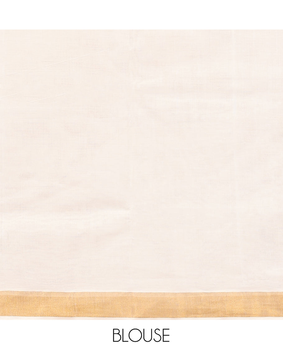 Cream Kerala Cotton Saree, Ornamented with Zari Stripes All Over Its Body, a Subtle Bavanji Border, Pallu of Paisley Designs, and Is Paired with a Matching Blouse
