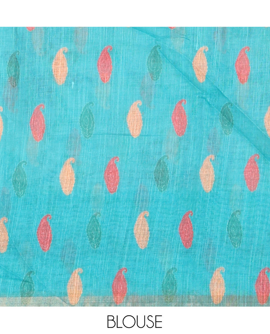 Rama Linen Cotton Saree Features Floral Vine Print, a Contrast Border, Paisley-Printed Pallu, and a Contrast Blouse