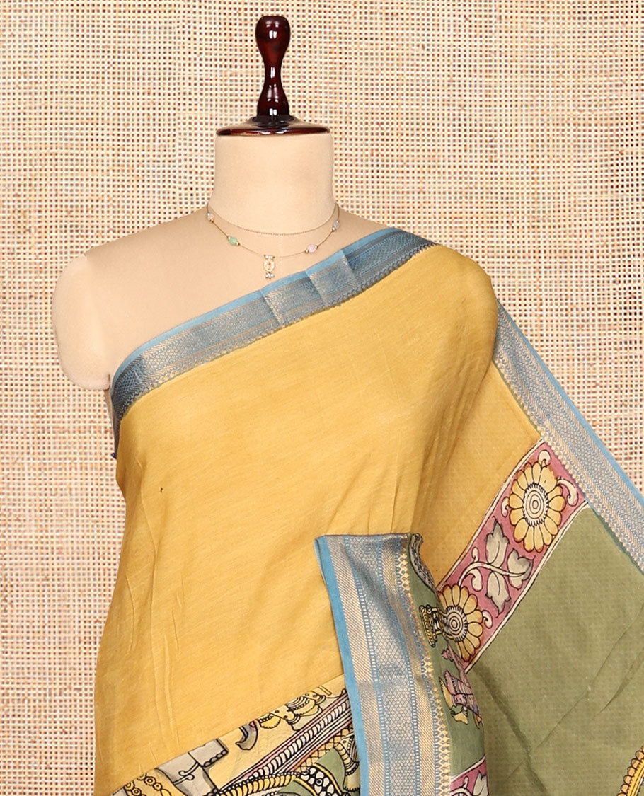 Yellow Kalamkari Silk Saree, Beautified with Ancient Human Figurines, a Contrast Traditional Zari Border, Pallu of Ancient Human Motifs, and a Contrast Blouse