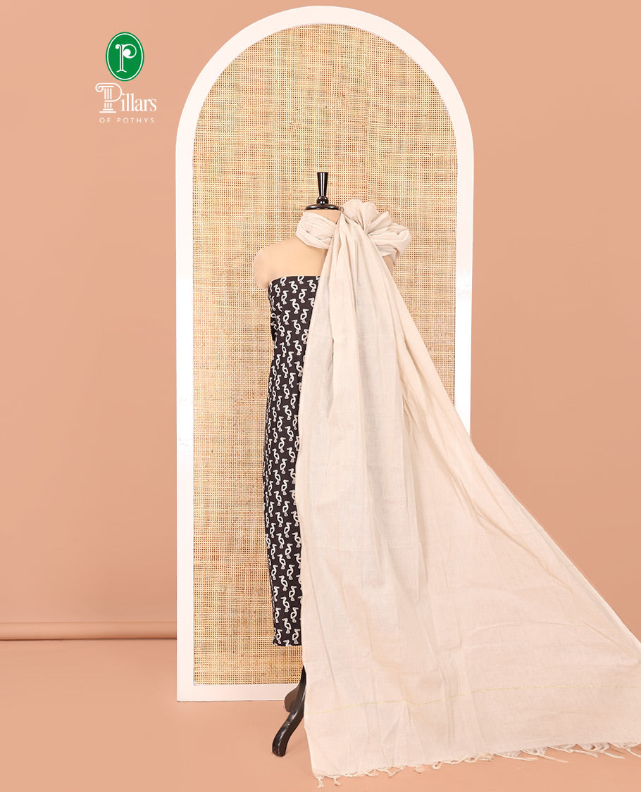 Black Handloom Cotton Material Chudidar Set, Subtly Adorned with Bird Motifs All Over Its Body, Complemented by Contrast Plain Bottom, and Paired with a Contrast Dupatta