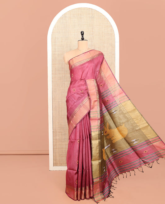 Pink Tussar Silk Saree, Graced with Diamond Motifs, a Temple Border, Contrast Delicately Thread Pallu, and a Contrast Blouse