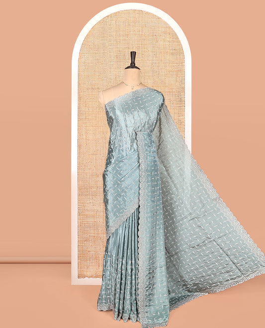 Grey Designer Saree, Beautifully Bedecked with Stonework, a Scallop Stonework Border, and a Matching Blouse