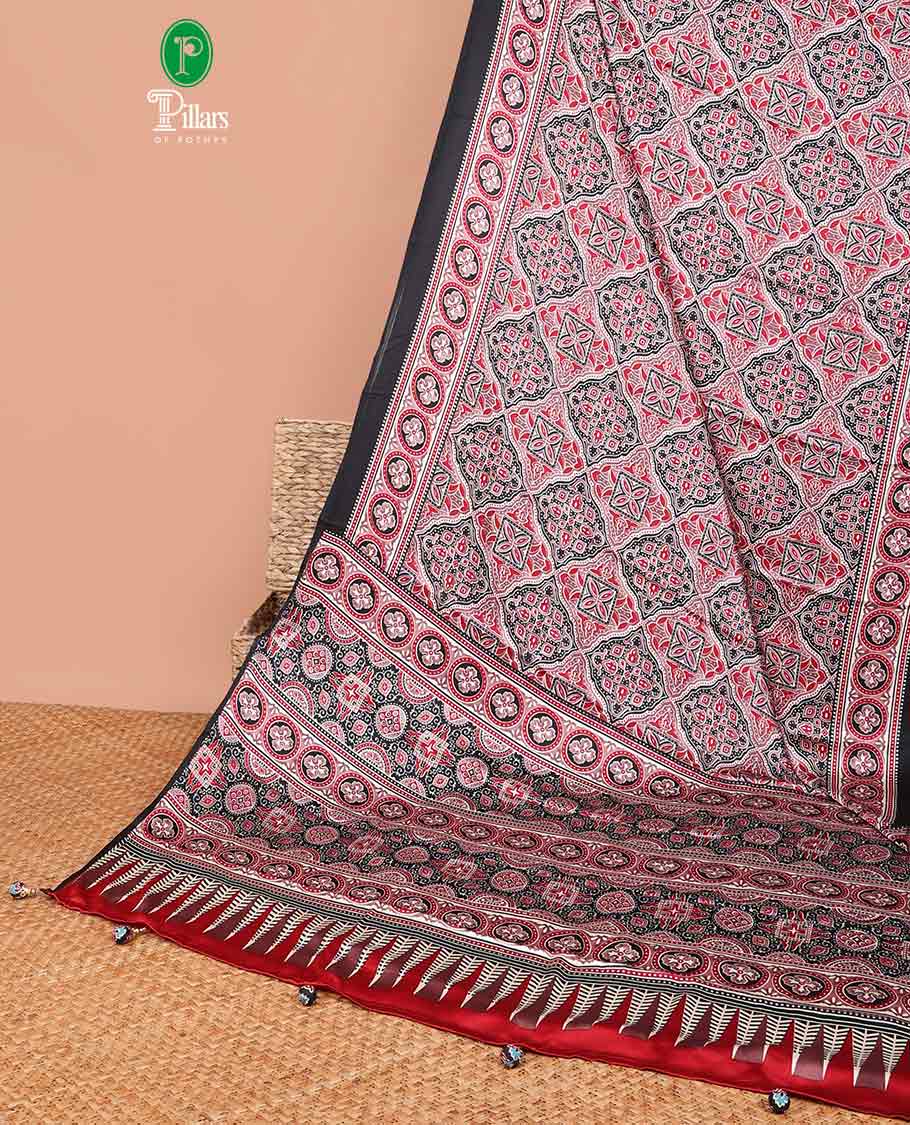 Bordeless black and red red all over ajrack printed design semi-modal silk saree with ajrack printed rich pallu, junjam & printed blouse